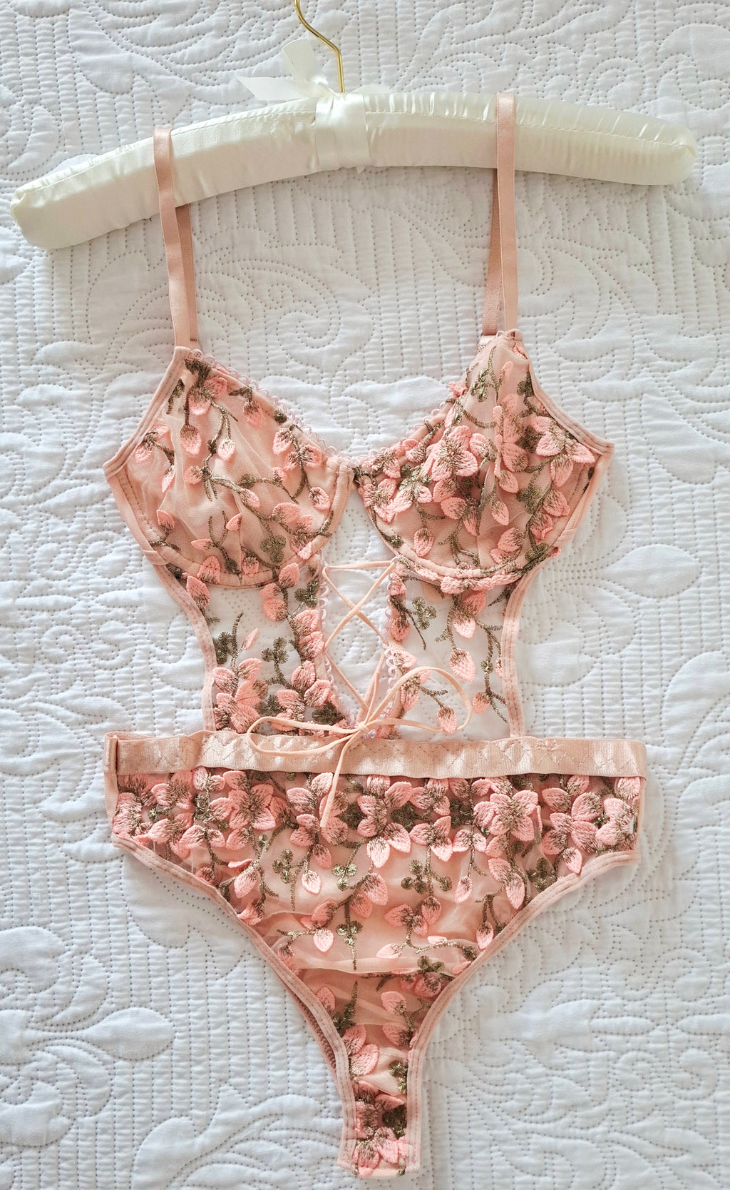 Camellia - Embroidered Lace-Up Bodysuit