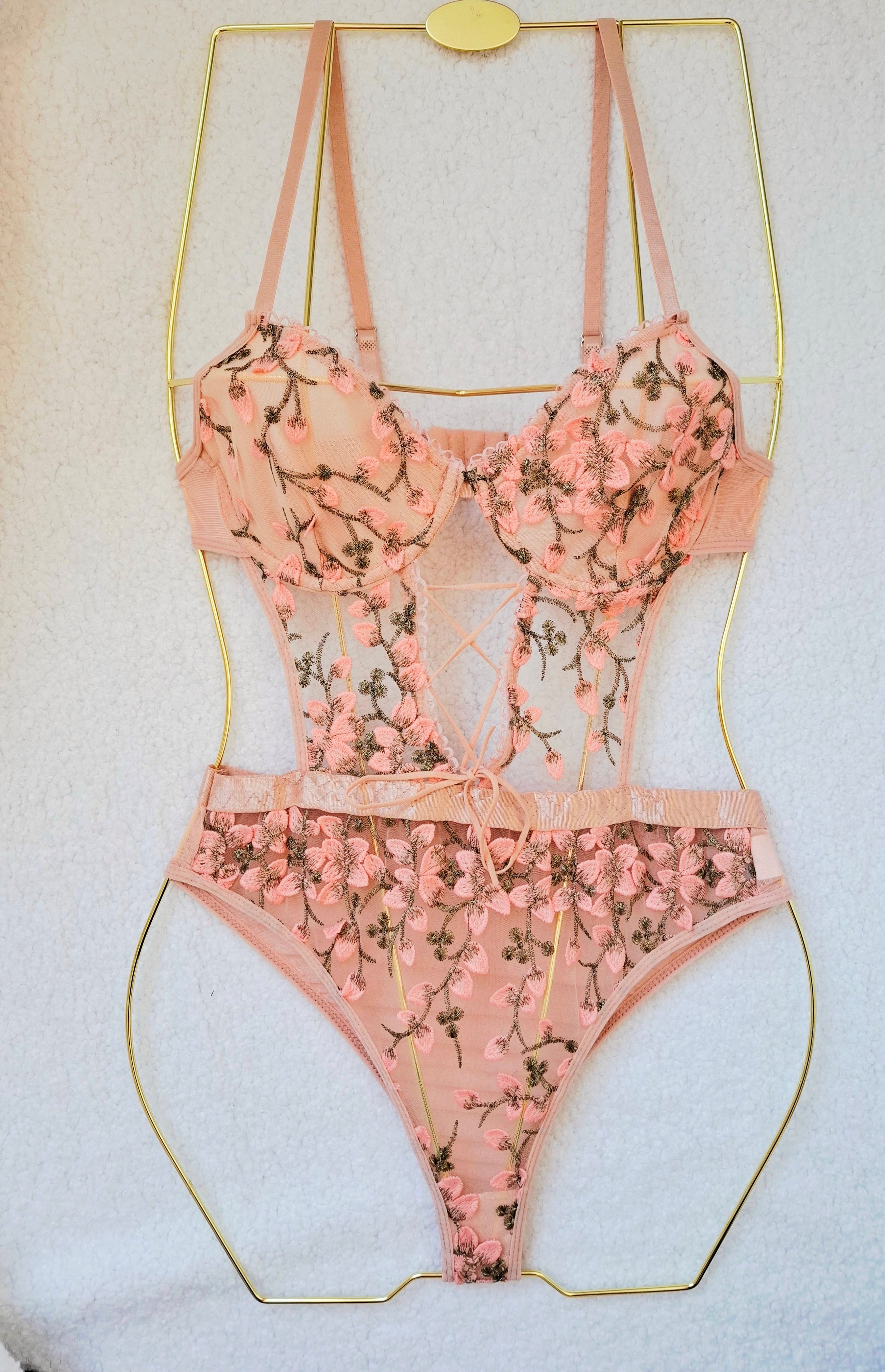 Camellia - Embroidered Lace-Up Bodysuit