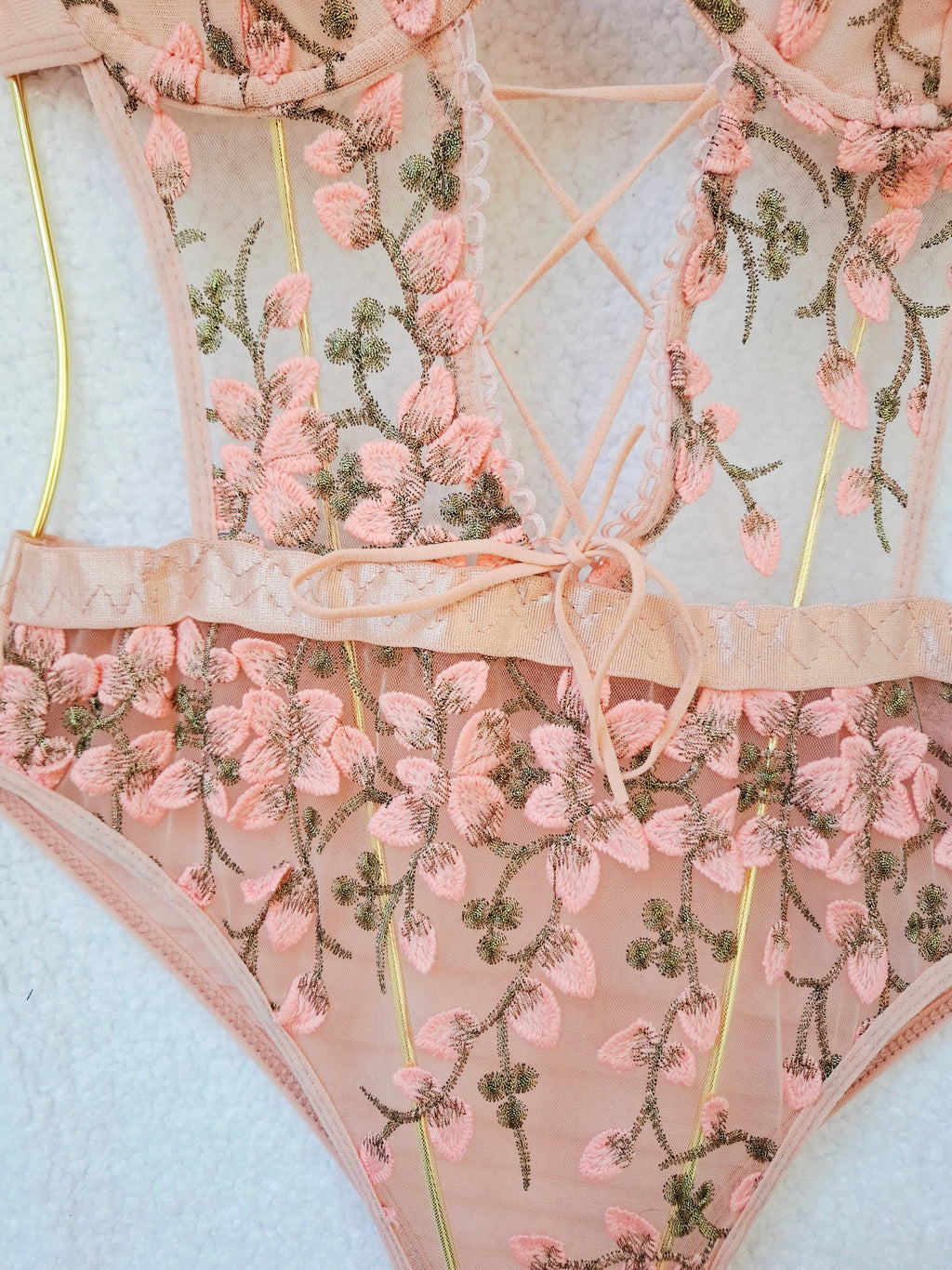 Camellia - Embroidered Lace-Up Bodysuit